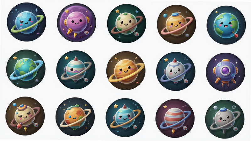 启俄星球兴趣星球页面效果图,展示多个圆形星球图标排列,每个星球有不同主题图标,布局整齐,风格清新,色彩丰富,细节精致,画质清晰,干净无多余元素