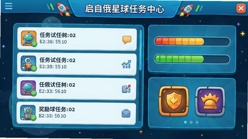 启俄星球任务中心界面,展示任务列表、进度条、奖励图标,布局清晰,风格活泼,色彩明亮,细节丰富,画质高清,干净无多余元素