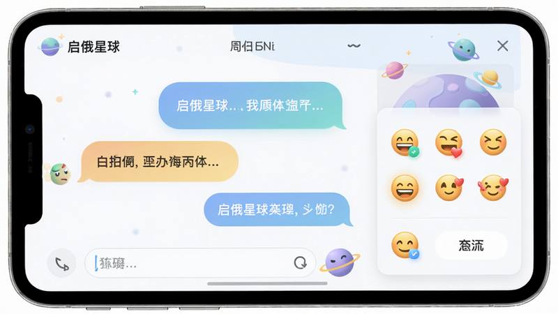 启俄星球聊天界面设计图,展示对话气泡、输入框、表情面板等元素,布局简洁明了,风格现代,色彩柔和,细节清晰,画质干净,无多余元素