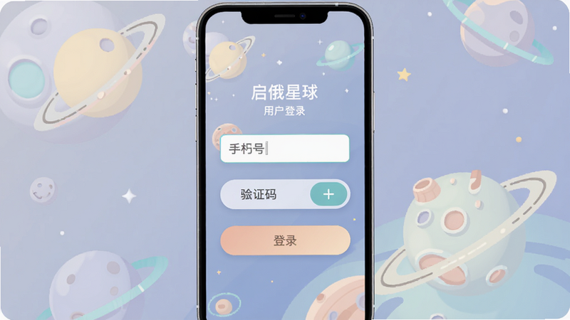 启俄星球用户登录界面示意图,展示手机屏幕中的登录表单,包含手机号输入框、验证码按钮、登录按钮,背景为星球元素,布局居中,风格简洁,色彩淡雅,细节清晰,画质干净