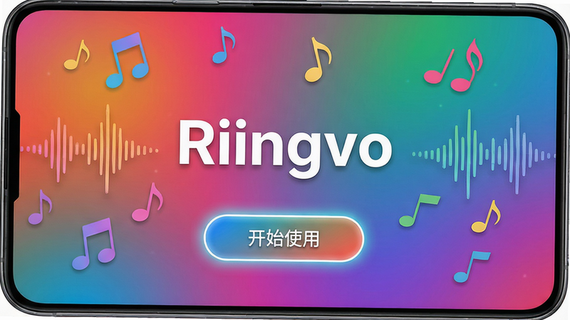 展示Riingvo应用在安卓手机上的欢迎界面,屏幕中央有应用名称“Riingvo”字样,下方为“开始使用”按钮,背景为多彩渐变,配以音符与声波装饰,整体风格活泼,布局居中,细节包含按钮光晕效果,画质清晰,无多余文字,无多余元素