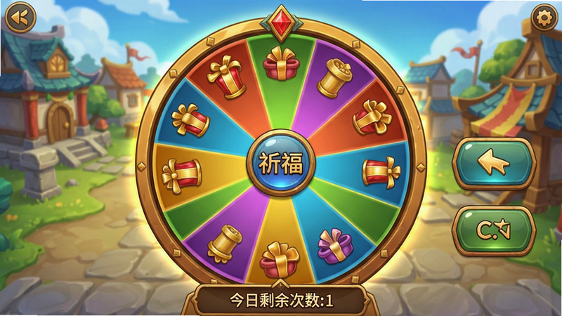 游戏界面截图:主城中的祈福转盘界面,转盘上划分多个奖励区域,旁边有玩家点击按钮,界面下方显示“今日剩余次数”,整体UI明亮,色彩丰富,游戏截图风格,画质清晰,无多余元素