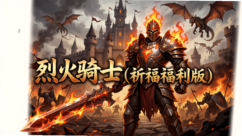 主视觉图:一位身穿火焰铠甲、手持烈焰大剑的骑士站在城堡前,身后是燃烧的战场与飞龙,画面中央用艺术字显示“烈火骑士(祈福福利版)”,整体气势恢宏,光影强烈,游戏宣传海报风格,高清晰度,干净无多余元素