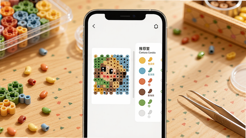 拼了个豆软件主界面预览图,展示手机屏幕中的拼豆图纸编辑页面,左侧是像素化后的图案,右侧是色号推荐列表,背景为温馨的手工桌,上面散落着彩色拼豆和镊子,整体风格明亮清晰,界面布局整洁,画质细腻干净,无多余元素