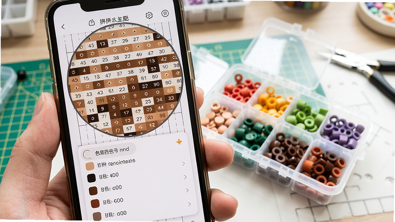 拼了个豆色号匹配界面特写,手机屏幕显示拼豆图纸局部放大,每个像素格上标注色号数字,底部弹出色号选择列表,旁边摆放着透明收纳盒装有不同颜色的拼豆,背景为工作台,光线充足,风格写实,画质干净,无多余杂物