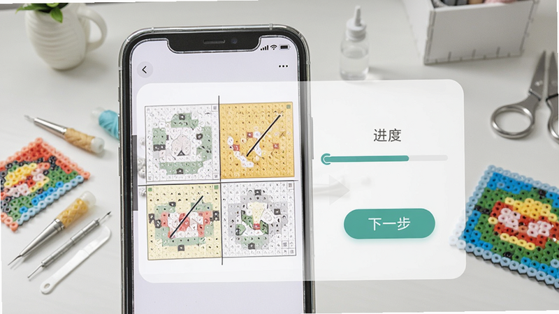 拼了个豆步骤引导模式截图,手机屏幕展示拼豆图纸被划分为四个象限,其中一个象限高亮显示,旁边有进度条和“下一步”按钮,背景为整洁的书桌,摆放着拼豆工具和成品,界面简洁,指示明确,画质清晰,风格清新