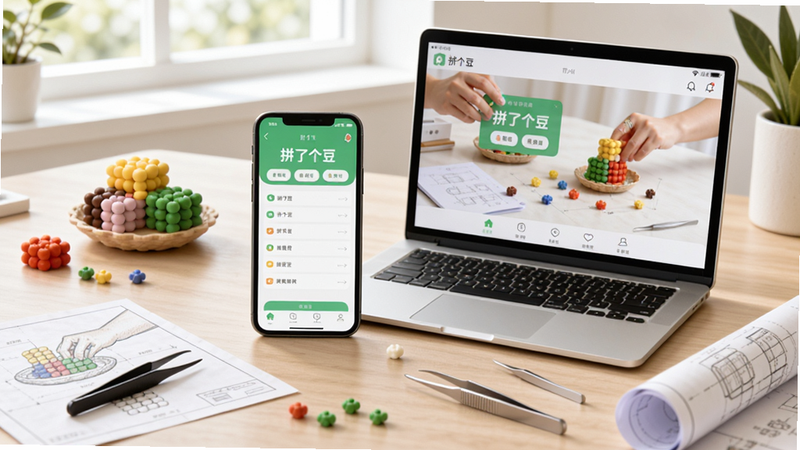 拼了个豆使用教程场景图,手机和电脑并排摆放,屏幕上显示拼了个豆应用界面,周围有拼豆、镊子、图纸等工具,桌面整洁,光线明亮,风格写实,画质清晰,无多余元素