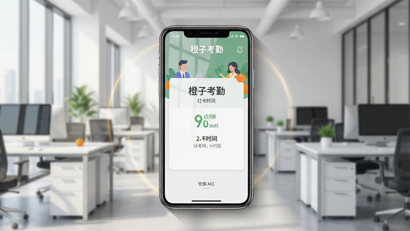 主体:橙子考勤APP界面展示,手机屏幕显示考勤打卡成功页面,背景为现代办公室场景。布局:手机居中,屏幕内容清晰可见,周围留白。排版:手机屏幕上有“橙子考勤”字样和打卡时间,界面简洁明了。风格:清新商务风,色彩明亮,扁平化设计。细节:手机周围有细微的阴影和光效,屏幕反射自然光。画质:高清,干净,无多余元素。