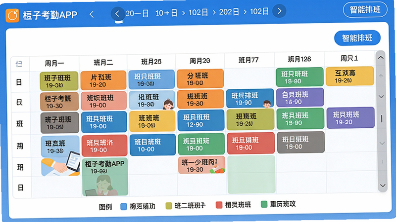 主体:橙子考勤APP的排班表界面,显示一周的班次安排,彩色块表示不同班次。布局:顶部有日期导航,下方为表格样式,横向滚动。排版:表格中每个单元格显示班次名称和时间,右上角有“智能排班”按钮。风格:简洁工作风,蓝白配色,线条清晰。细节:不同班次用不同颜色区分,底部有图例说明。画质:高清,干净,无多余元素。