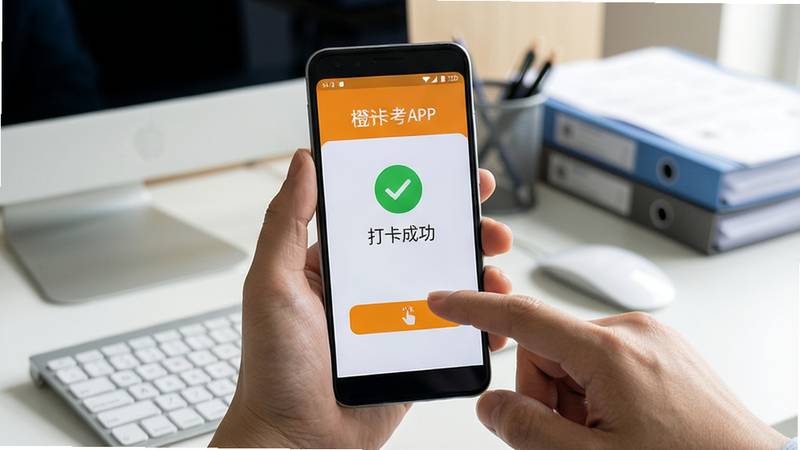 主体:橙子考勤APP在安卓手机上的使用场景,用户手指点击打卡按钮。布局:手机屏幕占据画面中心,背景为办公桌,有电脑和文件。排版:屏幕显示打卡成功界面,有绿色对勾和“打卡成功”字样。风格:写实摄影风,自然光线。细节:用户手部清晰,手机屏幕亮起,周围环境整洁。画质:高清,干净,无多余元素。