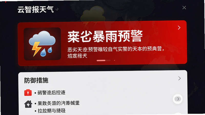 主体:云智报天气的恶劣天气预警页面,显示红色暴雨预警卡片。布局:页面中央是醒目的预警横幅,下方是预警详情和防御措施列表。排版:预警标题加粗,颜色红色。风格:警示风格,背景暗色,文字高亮。细节:预警图标有闪电和雨滴,防御措施用符号列表。画质:高清,干净无多余元素。
