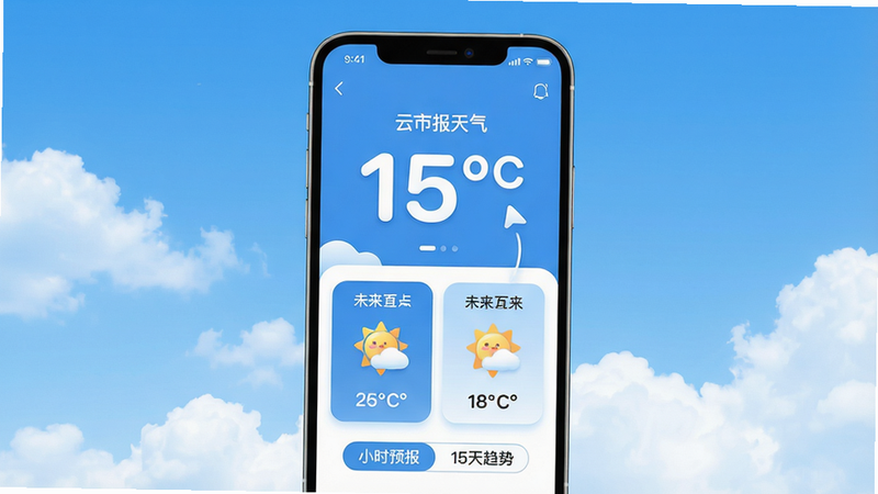 主体:一部智能手机屏幕显示云智报天气的主界面,背景是晴朗的蓝天白云,温度数字清晰可见。布局:手机居中,界面简洁,上方是城市名称和当前温度,下方是未来几天的天气预报卡片。排版:信息层级分明,温度数字大而醒目,图标圆润可爱。风格:扁平化设计,色彩清新明亮,蓝白主色调。细节:界面底部有“小时预报”和“15天趋势”两个标签,一个小箭头指向温度数字。画质:超高清,干净无多余元素。