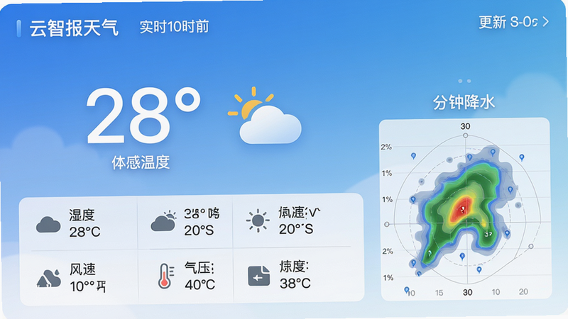 主体:云智报天气的实时天气页面,显示当前温度28度,天气图标为多云,体感温度30度。布局:页面顶部是城市名和更新时间,中部是大号温度数字和天气图标,下方是湿度、风速、气压等数据行。排版:数据以网格排列,每项带小图标。风格:简洁现代,蓝白渐变背景。细节:温度数字下方有“体感温度”小字,右侧有“分钟降水”雷达图。画质:高清晰,干净无多余元素。