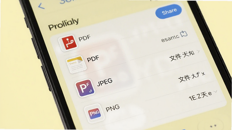 主体为手机屏幕显示导出选项菜单,列出PDF、JPEG、PNG等图标,背景为淡黄色,布局为列表式,风格简约,细节包括分享按钮和文件大小显示,画质干净,无多余元素。
