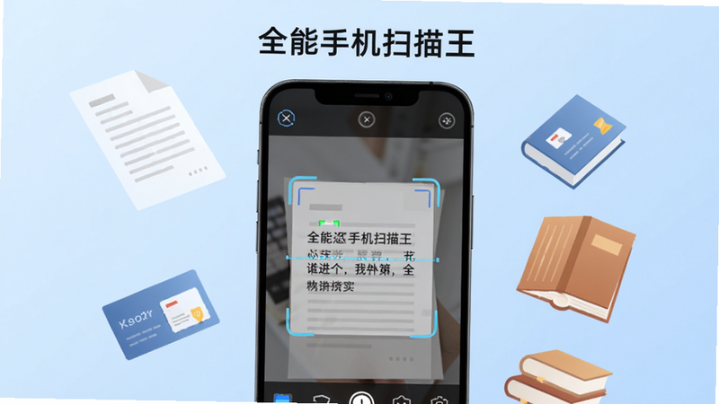 主体为一部智能手机屏幕显示扫描文档界面,屏幕上方有“全能手机扫描王”字样,周围飘浮着纸张、名片、书籍等元素,背景为浅蓝色渐变,整体布局居中,风格现代扁平化,细节包括扫描框和识别文字,画质高清,干净无多余元素。