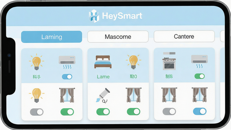 一张展示HeySmart应用主界面的高清截图,界面顶部显示“HeySmart”品牌logo,中部为客厅、卧室、厨房等房间标签页,每个房间内排列着灯光、空调、窗帘等设备图标,图标下方带有开关状态指示,整体布局简洁现代,采用浅蓝与白色为主色调,扁平化设计风格,画质清晰,无多余元素