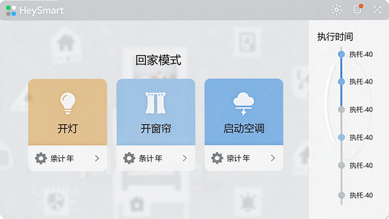 一张HeySmart场景编辑界面的示意图,界面中央显示“回家模式”场景,包含开灯、开窗帘、启动空调三个动作模块,每个模块下方带有条件设置图标,右侧为执行时间轴,背景为淡灰色,界面风格简洁,带有“HeySmart”标识,画质清晰,无多余元素