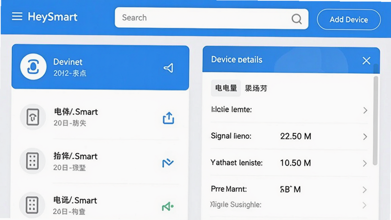 一张HeySmart应用内设备管理页面的预览图,页面左侧为设备列表,右侧为设备详情面板,展示设备电量、信号强度、固件版本等信息,顶部有搜索框和添加设备按钮,界面采用卡片式布局,蓝白配色,画质干净,无多余元素