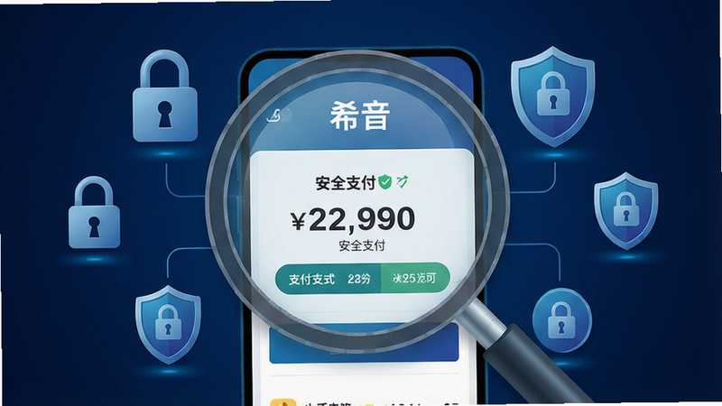 主体:一个放大镜图标与“希音”应用的安全支付页面重叠展示,背景有“锁”形图标与盾牌图标。布局:画面中央为支付界面,周围环绕着安全图标,背景为深蓝色,营造安全信赖感。排版:支付金额与支付方式按钮清晰可见,安全标识分布四周。风格:科技感,专业,突出支付安全。细节:界面上的“安全支付”字样与盾牌图标清晰,整体画面干净,无多余元素。画质:高清,色彩沉稳,细节丰富,干净无多余元素。