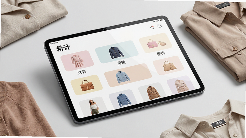 主体:一张展示“希音”应用内商品分类界面的平板电脑,屏幕上显示“女装”、“男装”、“配饰”等分类图标,每个图标配有小图。布局:平板电脑斜放于桌面,周围散落几件时尚衣物,背景为简洁的浅灰色工作室场景。排版:屏幕上的分类图标以网格形式排列,整齐有序,图标色彩柔和。风格:干净明亮,电商风格,突出商品多样性。细节:衣物纹理与颜色清晰可见,屏幕反光自然,整体画面干净,无多余元素。画质:高清,细节精致,色彩真实,干净无多余元素。