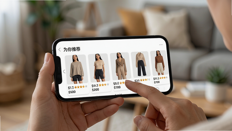 主体:一个人手拿手机浏览“希音”应用,手机屏幕上显示“为你推荐”模块,展示多件风格相似的服装。布局:人物手部位于画面下方,手机屏幕朝上,背景为模糊的居家环境,突出手机屏幕内容。排版:屏幕上的商品卡片横滑排列,每件商品下方显示价格与评分,界面清晰。风格:生活化,真实感强,突出智能推荐功能。细节:手指轻触屏幕,商品图片清晰,背景虚化处理,整体画面干净,无多余元素。画质:高清,光影自然,细节丰富,干净无多余元素。