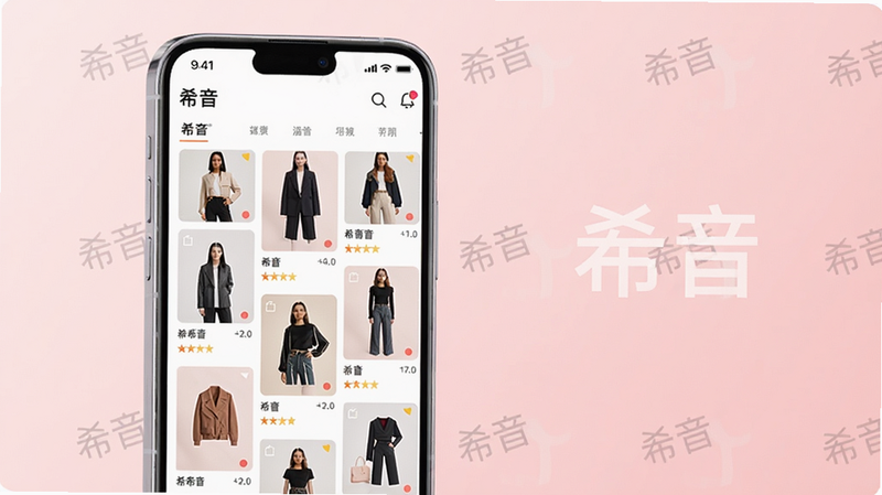 主体:一部亮着屏幕的智能手机,屏幕上显示“希音”购物应用的商品瀑布流界面,包含多张时尚服饰图片,界面整洁美观。布局:手机居中偏左,右侧留白,背景为淡粉色渐变,营造时尚氛围。排版:手机屏幕内容清晰可辨,商品卡片排列整齐,符合电商应用界面风格。风格:现代简约,扁平化设计,色彩明快,突出时尚与购物主题。细节:手机边框圆润,屏幕反射轻微光泽,背景中隐约可见“希音”品牌logo水印,整体画面干净,无多余元素。画质:高清渲染,细节丰富,色彩准确,干净无多余元素。