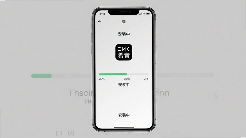 主体:一张“希音”应用下载安装过程的截图,手机屏幕显示进度条与“安装中”字样。布局:手机居中,背景为纯色,突出安装界面。排版:进度条与百分比数字清晰显示。风格:简洁明了,强调安装过程。细节:屏幕上的“希音”图标逐渐显现,背景干净,无多余元素。画质:高清,像素细腻,干净无多余元素。