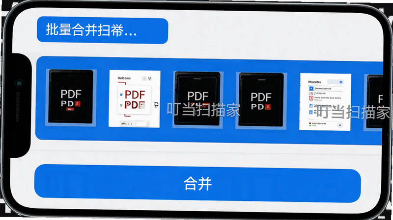 主体:手机屏幕显示批量合并PDF的界面,多张缩略图下方有“合并”按钮;布局:缩略图横向排列,底部按钮显眼;排版:列表式设计,背景为白色;风格:UI截图风格,功能区域用蓝色高亮;细节:图片上有“叮当扫描家”水印;画质:超清,干净,无多余元素