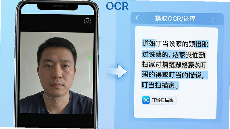 主体:手机屏幕展示OCR识别过程,左侧为原始图片,右侧为提取出的文字结果,文字高亮显示;布局:左右分屏展示,中间有箭头指示转换流程;排版:简洁的对比布局,背景为浅蓝色渐变;风格:科技感UI界面,文字清晰易读;细节:识别结果中可见“叮当扫描家”标识;画质:超清,干净,无多余元素