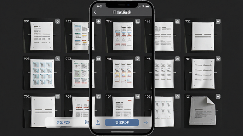 主体:多张扫描图片排列在手机屏幕中,底部有“导出PDF”按钮;布局:九宫格预览,每个缩略图角标有页码,底部工具栏突出;排版:整齐的网格布局,背景为深灰色,突出屏幕内容;风格:简洁UI,注重功能性;细节:屏幕上方有“叮当扫描家”标题栏;画质:4K高清,干净,无多余元素