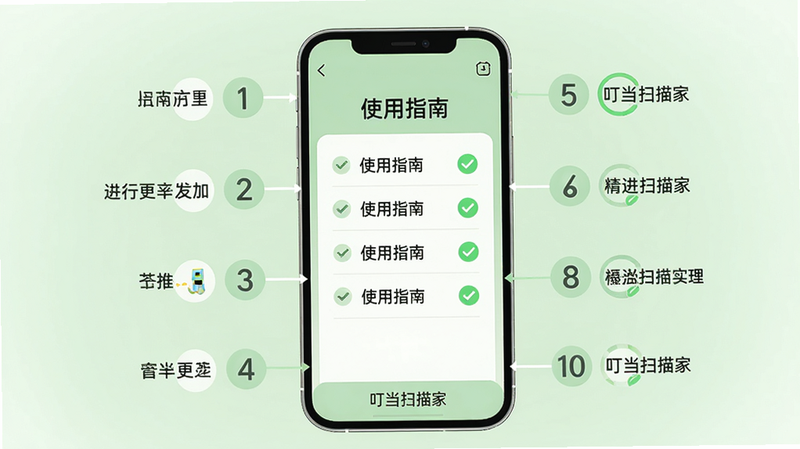 主体:一部手机运行叮当扫描家,屏幕显示“使用指南”列表,旁边有对勾图标;布局:手机居中,周围有步骤数字标号;排版:竖屏截图风格,背景为淡绿色;风格:教程插画风,简洁明了;细节:步骤文字清晰,底部有“叮当扫描家”字样;画质:高清,干净,无多余元素