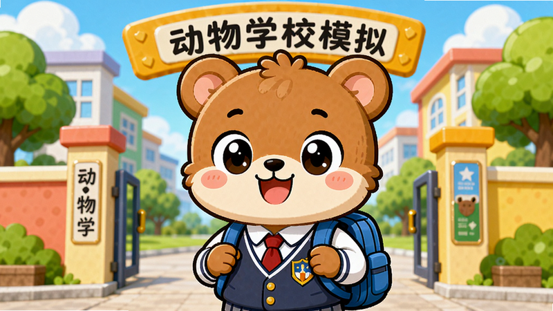 主体:一只可爱的卡通动物学生背着书包站在动物学校门口,画面充满活力。布局:动物学生居中,背景是色彩明亮的校园建筑和绿树。排版:横幅构图,主体突出。风格:Q版卡通,色彩鲜艳,线条圆润。细节:动物学生穿着校服,面带微笑,校门上写着“动物学校模拟”字样。画质:高清,干净,无多余元素。