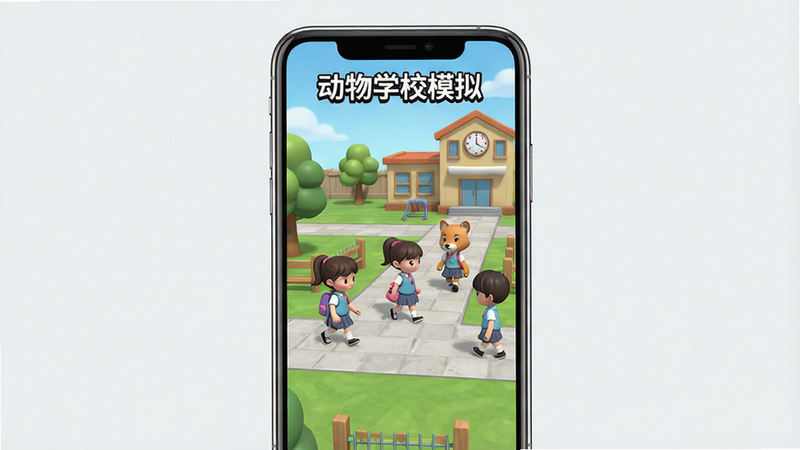 主体:手机屏幕上运行动物学校模拟游戏,画面中角色在校园内走动。布局:手机居中,屏幕显示清晰,背景简洁。排版:竖版构图,突出游戏画面。风格:写实+卡通结合,科技感。细节:手机边框干净,屏幕中可见“动物学校模拟”字样和游戏场景。画质:高清,干净,无多余元素。