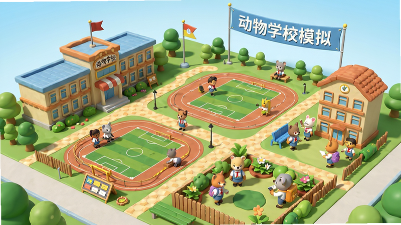 主体:动物学校模拟的校园全景,展示教学楼、操场和花园。布局:俯瞰视角,校园建筑分布合理,有路径连接。排版:广角构图,展现完整校园风貌。风格:卡通渲染,色彩和谐,细节精致。细节:校园内可见动物学生在活动,空中飘着“动物学校模拟”的横幅。画质:高清,干净,无多余元素。