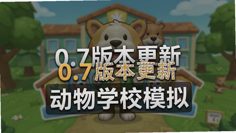 主体:动物学校模拟游戏更新公告截图,背景是游戏Logo。布局:公告文字清晰,Logo居中。排版:简洁明了,重点突出。风格:游戏官方公告风格。细节:文字包含“0.7版本更新”和“动物学校模拟”字样。画质:高清,干净,无多余元素。