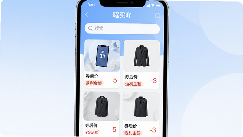 一张现代简约风格的手机应用界面预览图,展示“曜买吖”首页布局,上方为搜索栏,中部为瀑布流商品卡片,每张卡片清晰标注“券后价”与“返利金额”,背景为柔和的蓝白渐变,整体排版干净清爽,画质高清,无多余元素。