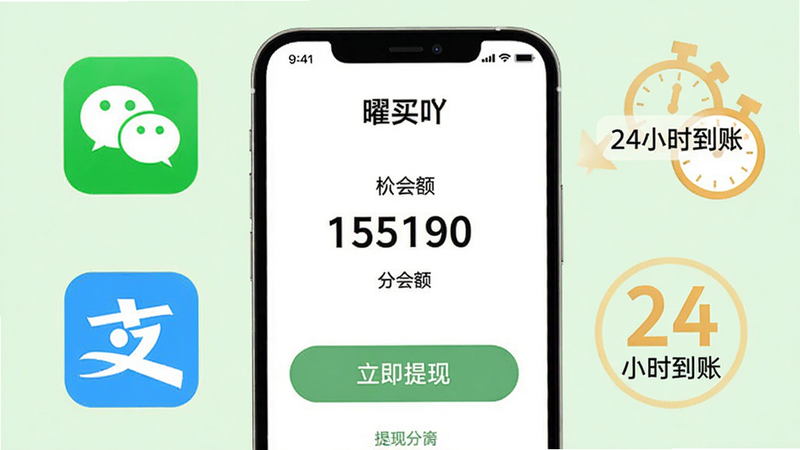 一张展示“曜买吖”提现流程的示意图,画面中央为手机屏幕,显示余额数字与“立即提现”按钮,周围有微信、支付宝图标与“24小时到账”字样,背景为浅绿色,风格简约,画质干净。