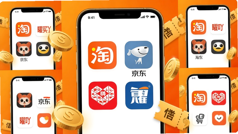 一张展示“曜买吖”多平台合作标识的拼贴图,画面中央为手机屏幕,屏幕内展示淘宝、京东、拼多多等平台图标,周围环绕金币与优惠券元素,背景为明亮的橙色渐变,排版整齐,风格现代,画质干净。