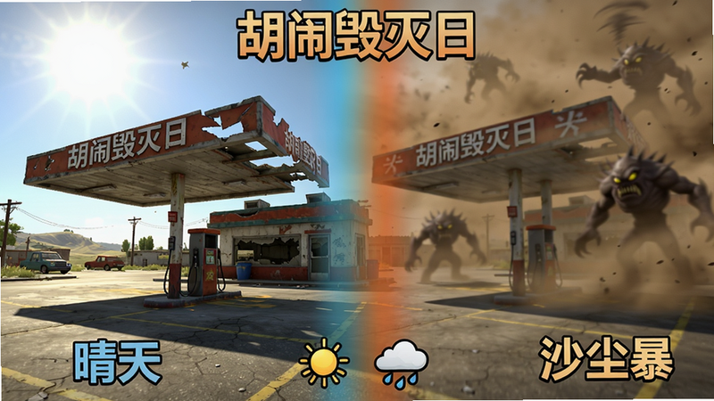 主体:《胡闹毁灭日》游戏内动态天气截图,一半画面是晴天下的废弃加油站,另一半是沙尘暴中的同一地点。布局:左右对比构图,中间用渐变过渡。排版:左侧标注“晴天”,右侧标注“沙尘暴”,下方有天气图标。风格:写实与卡通混合,强调光影变化。细节:加油站招牌破损,沙尘暴中有模糊的怪物轮廓。画质:高清晰度,干净无多余元素