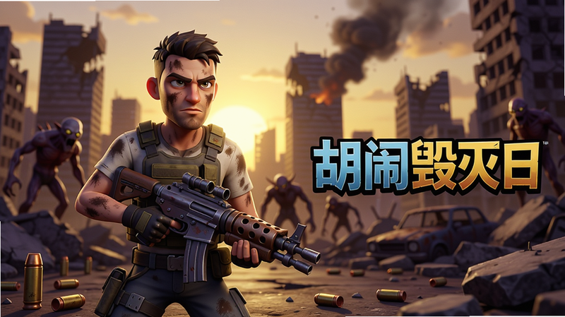 主体:《胡闹毁灭日》游戏主视觉图,一名手持改装枪械的幸存者站在废弃城市废墟前,背景是夕阳下破损的高楼与远处游荡的变异生物剪影。布局:人物居中偏左,右侧留出空间展示游戏LOGO“胡闹毁灭日”艺术字,整体构图平衡。排版:前景地面有弹壳与碎石细节,中景是角色与废墟,远景是天空与硝烟。风格:卡通渲染与写实光影结合,色彩偏暖黄与暗紫对比。细节:角色身着战术背心,脸上有污渍,眼神坚定;变异生物轮廓模糊但可辨。画质:4K高清,细节丰富,干净无多余元素