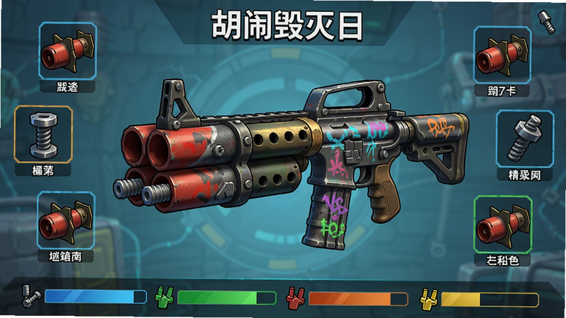 主体:游戏《胡闹毁灭日》的武器改装界面,展示一把被改装成四管榴弹发射器的步枪,周围漂浮着配件图标。布局:武器居中,配件图标环绕在四周,界面底部有属性数值条。排版:配件图标带名称标注,属性条用不同颜色区分。风格:科技感UI与卡通武器结合。细节:枪身有涂鸦,榴弹为红色,配件有螺丝钉等细节。画质:UI清晰,干净无多余元素