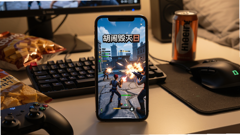 主体:手机屏幕显示《胡闹毁灭日》游戏运行画面,旁边放着零食和饮料,场景为舒适的卧室。布局:手机居中,周围有键盘、鼠标等外设。排版:手机屏幕画面清晰,可见游戏角色在战斗。风格:写实生活照风格,暖色调。细节:屏幕有轻微反光,桌面有游戏手柄。画质:高清,干净无多余元素