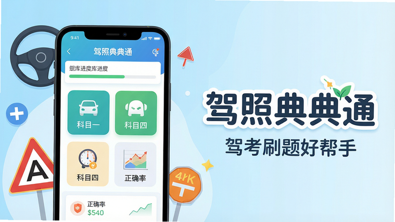 主体:一部智能手机屏幕显示驾照典典通APP界面,界面内有科目一、科目四等选项图标,背景为浅蓝色渐变,周围有方向盘、交通标志等元素。布局:手机居中偏左,右侧留白区域放置“驾照典典通”文字LOGO,下方配以“驾考刷题好帮手”副标题。排版:文字采用圆体字,大小错落有致,突出软件名称。风格:扁平化插画风格,色彩明亮清新。细节:手机屏幕内可见题库进度条、正确率统计等小图标,画面干净整洁。画质:4K高清,无多余元素。