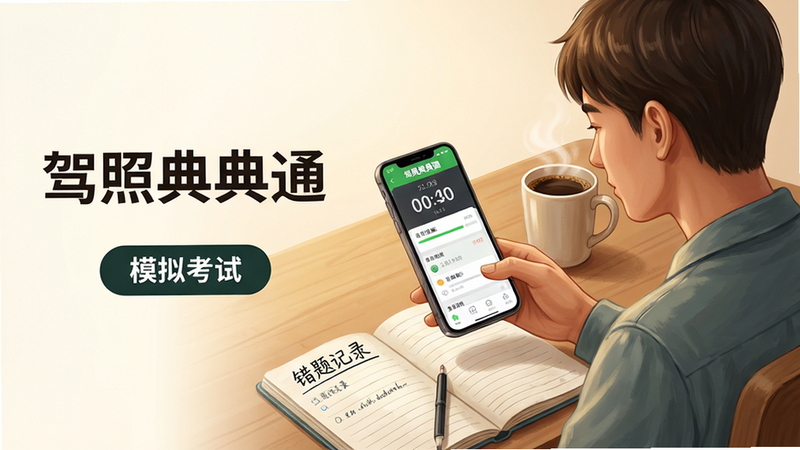 主体:一位学员坐在书桌前使用手机刷题,手机屏幕显示“驾照典典通”模考界面,旁边放着笔记本和咖啡。布局:人物位于画面右侧,左侧留白区域放置“驾照典典通”文字,下方配“模拟考试”按钮图标。排版:画面层次分明,人物动作自然。风格:写实插画风,暖色调。细节:手机屏幕上有倒计时显示和答题进度条,笔记本上写着“错题记录”。画质:高清细腻,无多余元素。