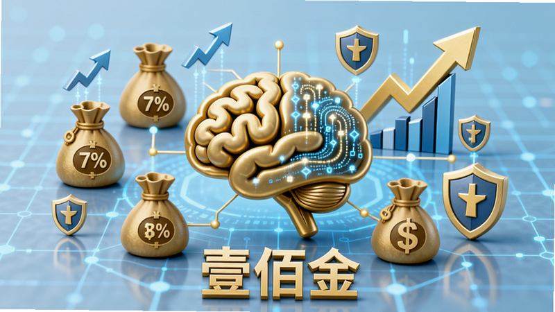 主体:一个金色大脑图标连接着多个钱袋与增长图表,背景为浅蓝色科技网格;布局:大脑位于画面中央,四周环绕钱袋、上升箭头、盾牌图标;排版:图标大小错落有致,底部有“壹佰金”字样;风格:3D渲染,科技感强烈;细节:大脑表面有数字流动效果,钱袋上有“7%”等收益标注;画质:高清,干净,无多余元素。