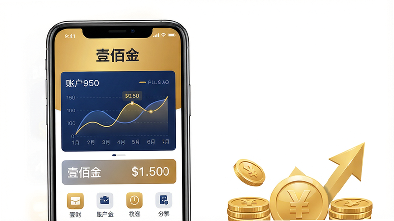 主体:一部亮屏的智能手机,屏幕展示“壹佰金”APP主界面,界面包含清晰的理财图表、账户余额、功能图标;布局:手机居中偏左,右侧留白,下方有金币与上升箭头元素;排版:界面元素排列有序,标题“壹佰金”位于屏幕顶部中央;风格:现代扁平化,色彩以金色、深蓝为主,搭配白色背景;细节:屏幕内图表线条流畅,数字清晰,金币光泽真实;画质:4K超清,干净,无多余元素。