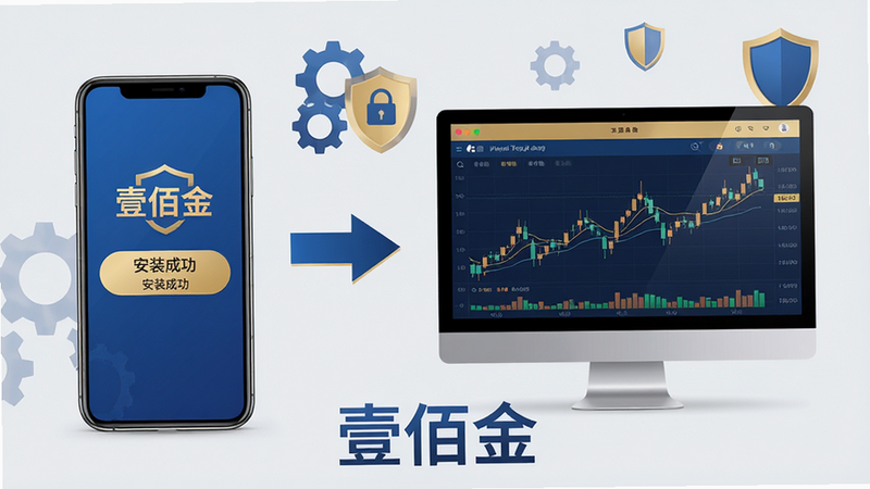 主体:一部手机与一台电脑并排摆放,屏幕中都显示“壹佰金”APP界面,背景为浅灰色,有齿轮与盾牌图标;布局:手机在左,电脑在右,中间有箭头连接;排版:画面下方有“壹佰金”字样;风格:简洁商务风,色调以蓝金为主;细节:手机屏幕上有“安装成功”提示,电脑屏幕有K线图;画质:高清,干净,无多余元素。