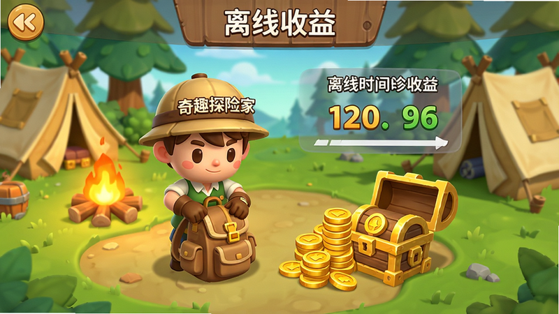 ��Ϸ����������棬����Ϊ����Ȥ̽�ռҡ���ɫ��Ӫ���������������Ա��н�ҶѺͱ��䣬������ʾ����ʱ�����������֣�����Ϊ����UI�����Ϊ��ͨ��Ⱦ��ϸ����Ӫ����������񣬻��������ɾ����޶���Ԫ�أ�ͼƬ������Ϊ���������桱��