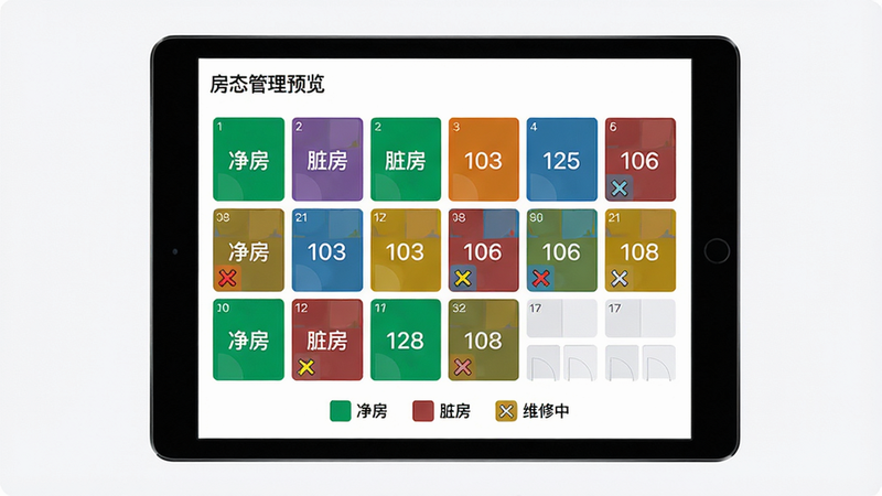 主体:“酒店大师”房态管理功能预览图,平板电脑显示彩色房态图。布局:平板居中,屏幕上有多个房间方块,颜色各异,图例在下方。排版:房间呈网格排列,图例清晰标注“净房”“脏房”“维修中”。风格:简约现代,界面友好。细节:房态颜色饱和度高,数字房号清晰可见。画质:高清,干净,无多余元素。
