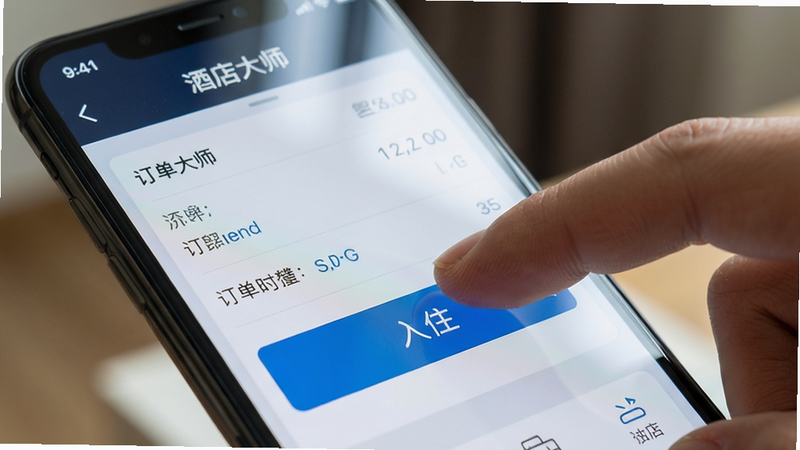 主体:“酒店大师”手机操作界面,手指点击“入住”按钮。布局:手机特写,屏幕显示订单详情页。排版:按钮醒目,颜色与背景对比度高。风格:真实操作场景。细节:手指清晰,屏幕反光自然。画质:高清,干净,无多余元素。